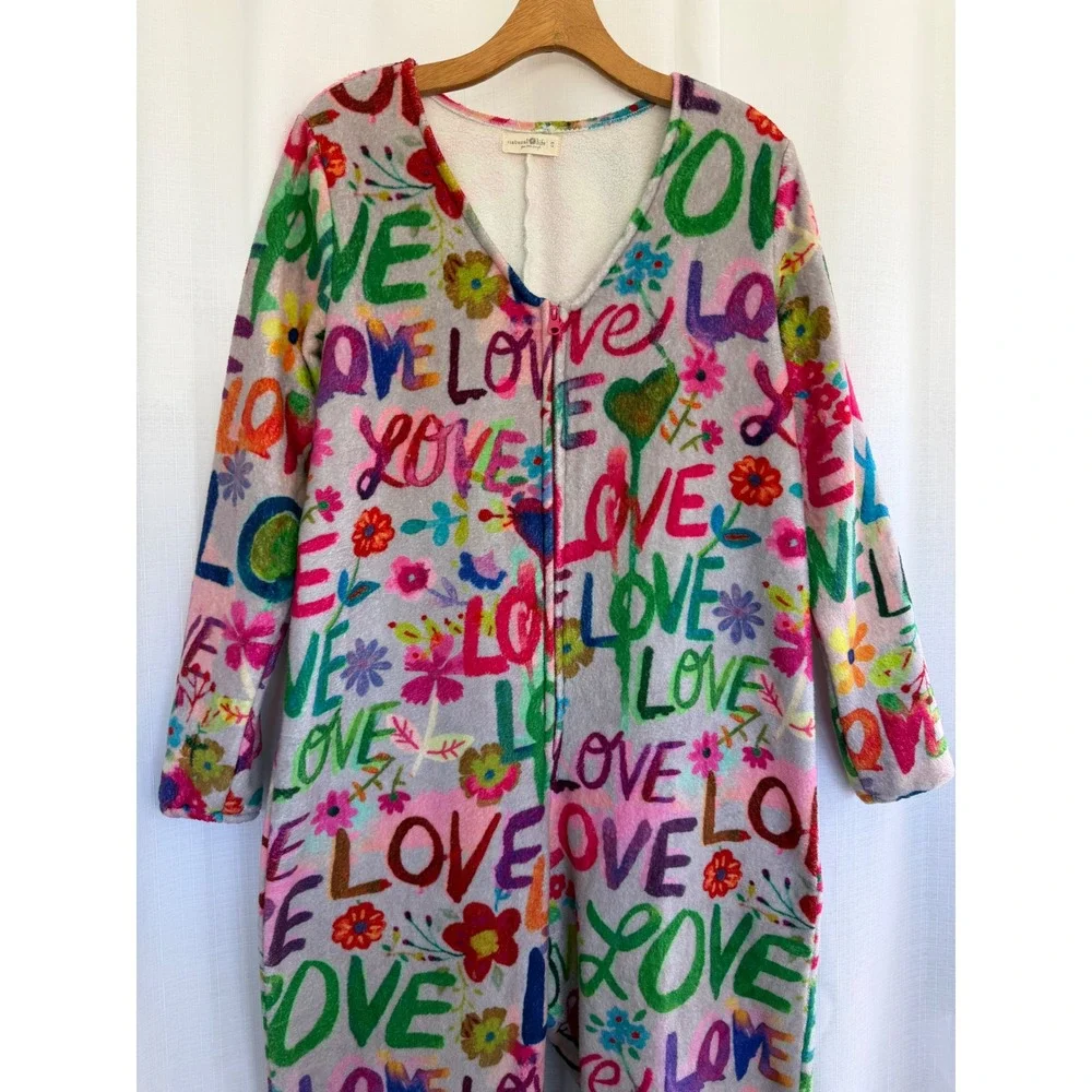 Natural Life Women Love Graffiti Floral Fleece Jumpsuit One Piece Pajamas Small